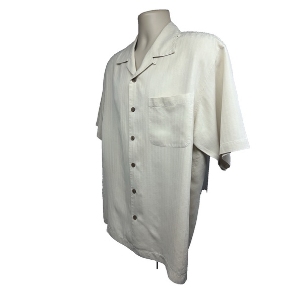 Tommy Bahama Mens Vintage Beige Embroidered Silk Button Up Shirt Medium Pocket - Picture 3 of 10
